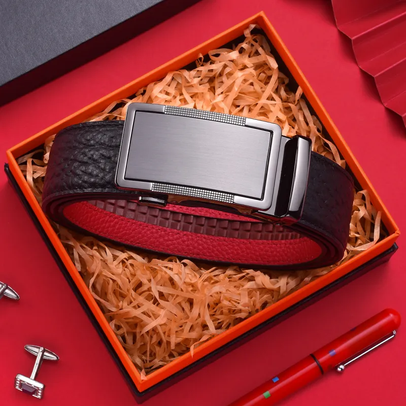 Old Man's Head Top Grain Cow Leather Leather Belts Men's Black On The Outside Red On The Inside Width  3.5cm-3