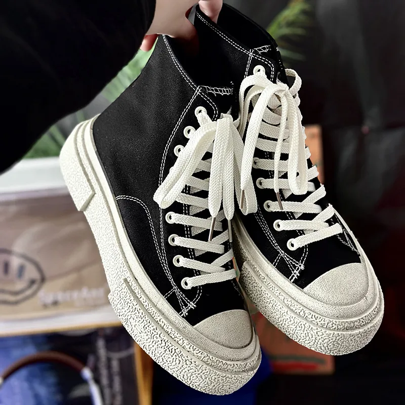 SLnU★3 Anti-Slip And Wear-Resistant Height Increasing High-Top Canvas Shoes Unisex Polished Black-1