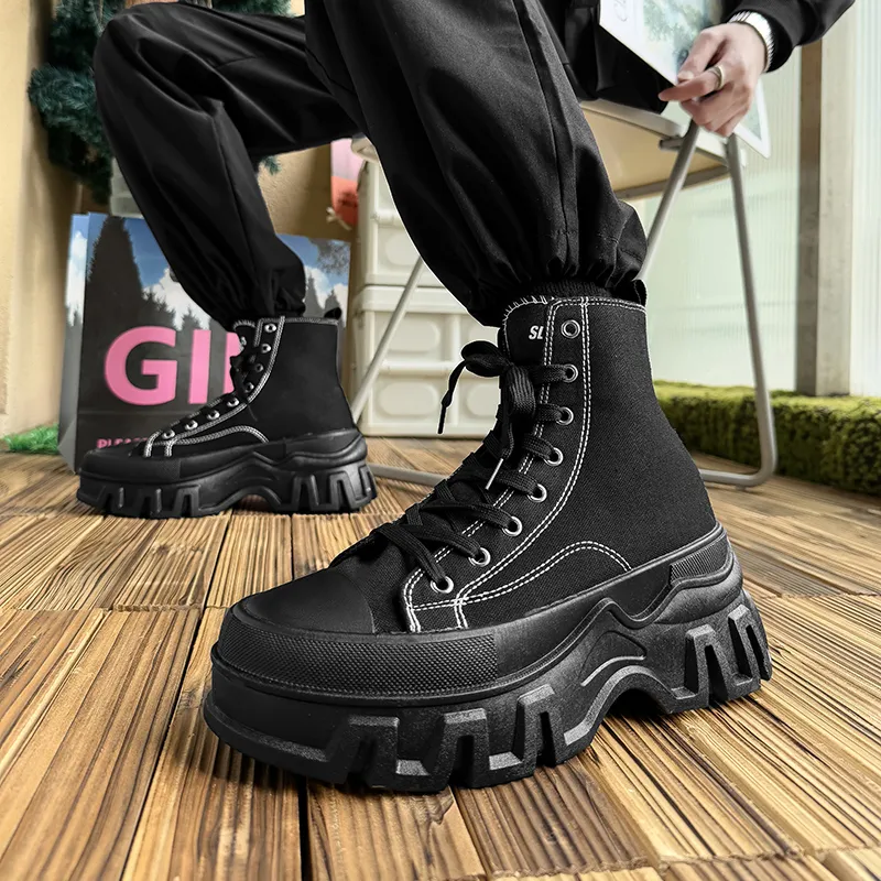 SLnU★3 Anti-Slip And Wear-Resistant Height Increasing High-Top Canvas Shoes Men's Pure Black-6