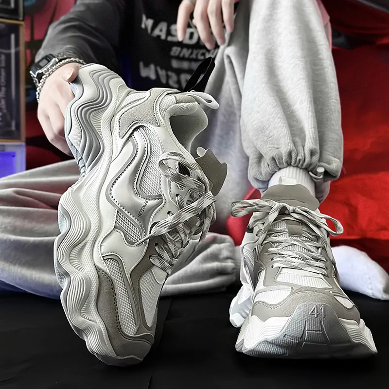 SLNU 3 Height Increasing Coverage Low Top Chunky Sneakers Men's White Gray-6