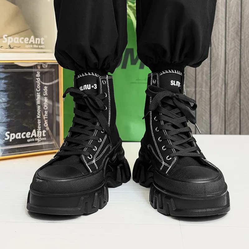 SLnU★3 Anti-Slip And Wear-Resistant Height Increasing High-Top Canvas Shoes Men's Pure Black-4