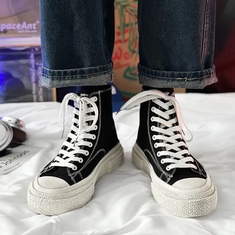 SLnU★3 Anti-Slip And Wear-Resistant Height Increasing High-Top Canvas Shoes Unisex Polished Black-5