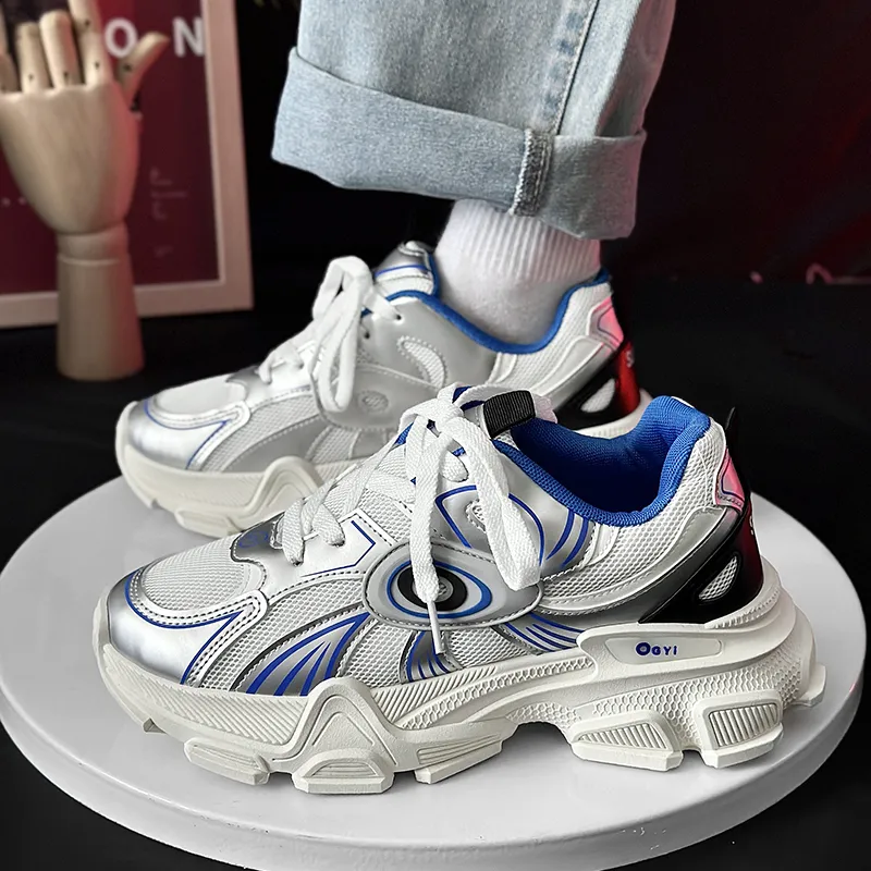 SLNU 3 Lightweight Height Increasing Coverage Low Top Chunky Sneakers Men's White Blue-4