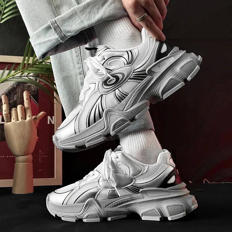 SLNU 3 Breathable Coverage Lightweight Height Increasing Low Top Chunky Sneakers Men's White Gray-6