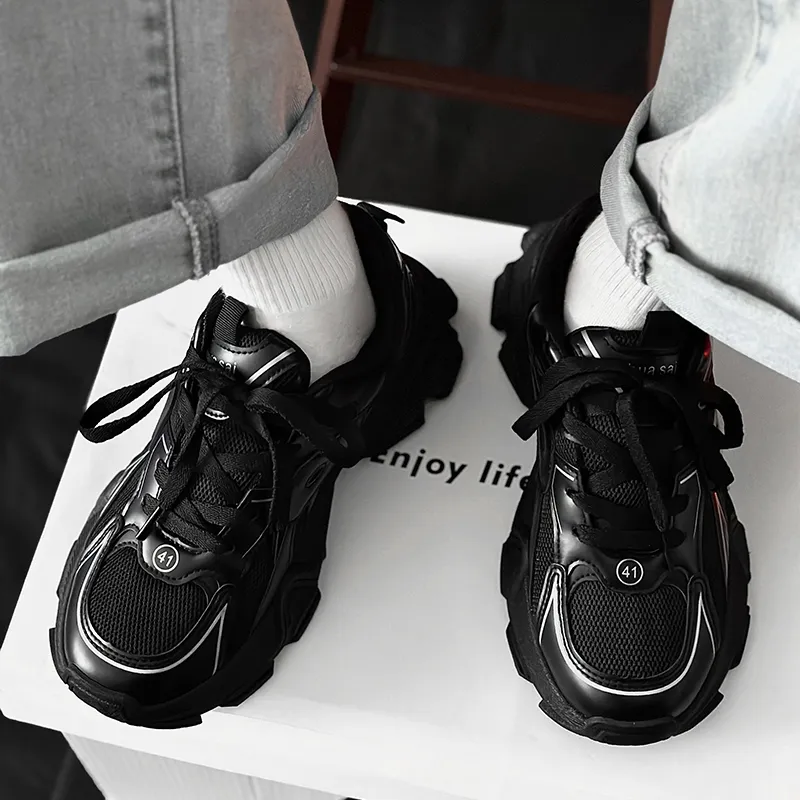 SLnU★3 Lightweight Height Increasing Coverage Low Top Chunky Sneakers Men's Black-5