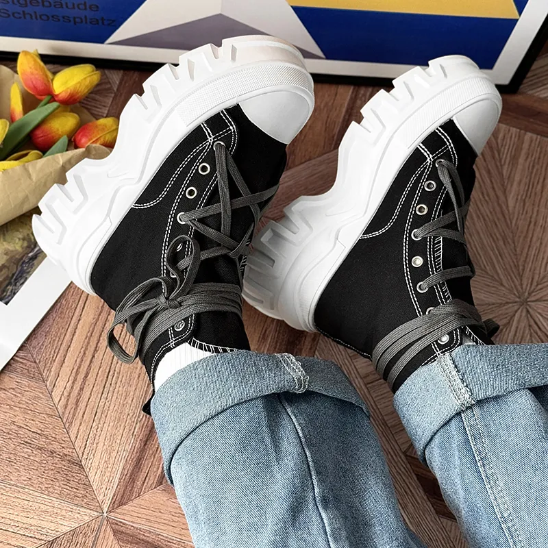 SLNU 3 Anti Slip And Wear Resistant Height Increasing High Top Canvas Shoes Unisex Black White-2