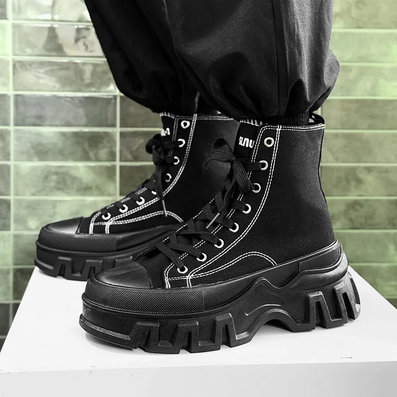 SLnU★3 Anti-Slip And Wear-Resistant Height Increasing High-Top Canvas Shoes Men's Pure Black-5