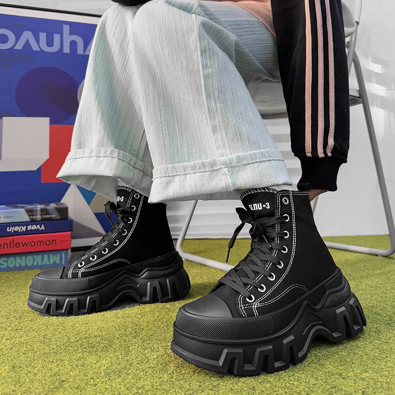 SLnU★3 Anti-Slip And Wear-Resistant Height Increasing High-Top Canvas Shoes Men's Pure Black-3