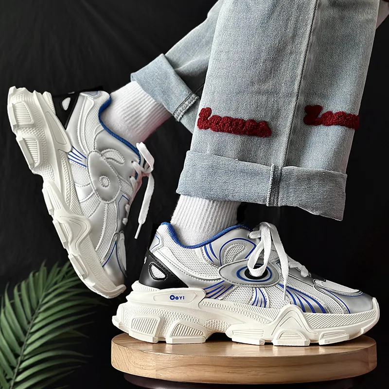 SLNU 3 Lightweight Height Increasing Coverage Low Top Chunky Sneakers Men's White Blue-6