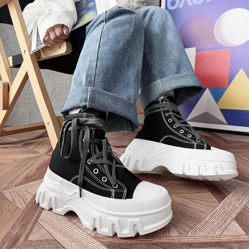 SLNU 3 Anti Slip And Wear Resistant Height Increasing High Top Canvas Shoes Unisex Black White-3