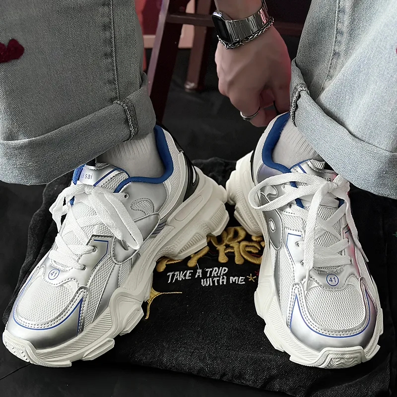 SLNU 3 Lightweight Height Increasing Coverage Low Top Chunky Sneakers Men's White Blue-5