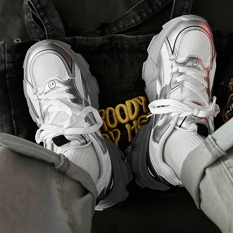 SLNU 3 Breathable Coverage Lightweight Height Increasing Low Top Chunky Sneakers Men's White Gray-7