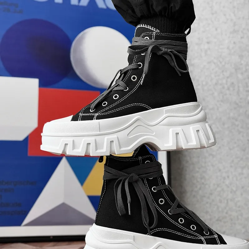 SLNU 3 Anti Slip And Wear Resistant Height Increasing High Top Canvas Shoes Unisex Black White-4