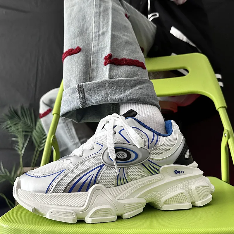 SLNU 3 Lightweight Height Increasing Coverage Low Top Chunky Sneakers Men's White Blue-7