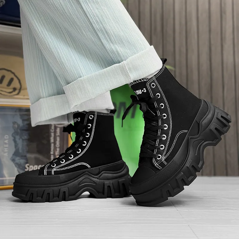 SLnU★3 Anti-Slip And Wear-Resistant Height Increasing High-Top Canvas Shoes Men's Pure Black-1