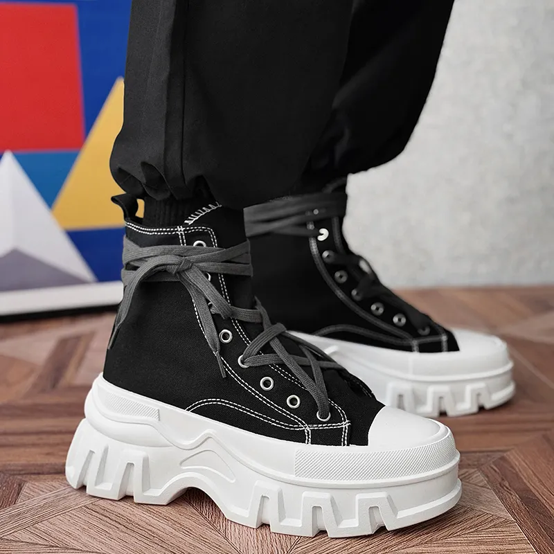 SLNU 3 Anti Slip And Wear Resistant Height Increasing High Top Canvas Shoes Unisex Black White-5