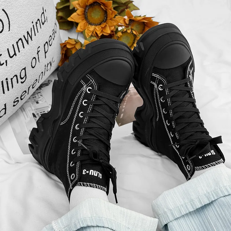 SLnU★3 Anti-Slip And Wear-Resistant Height Increasing High-Top Canvas Shoes Men's Pure Black-2