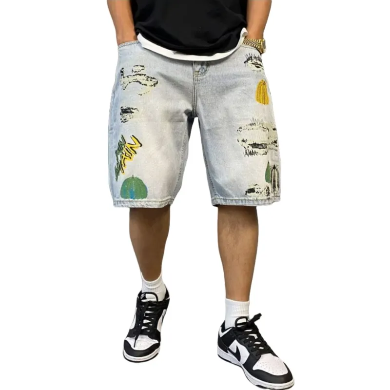 Samtony Denim Shorts Unisex Pumpkin Graffiti-2