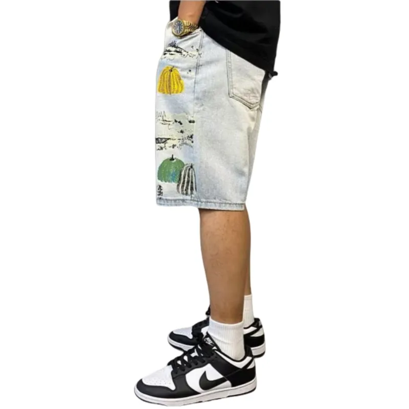 Samtony Denim Shorts Unisex Pumpkin Graffiti-3