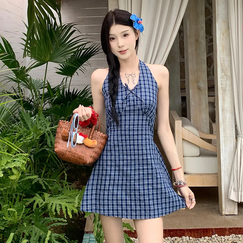 BVODE Sleeveless Dresses Women's Blue Plaid Shopping Bag-4