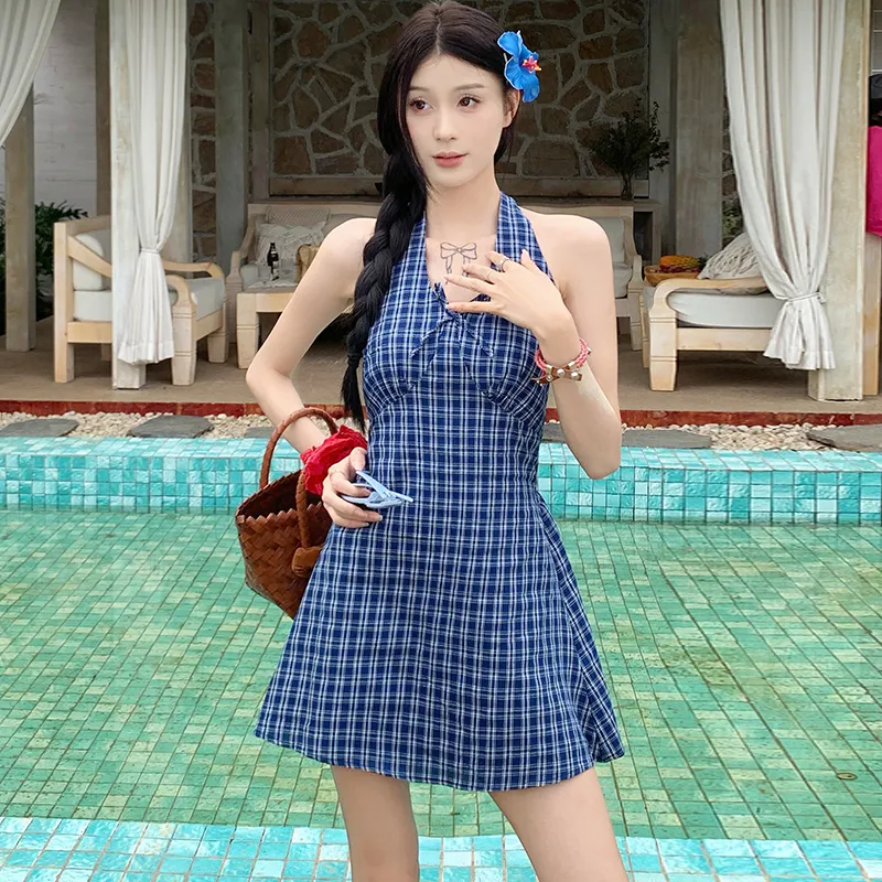 BVODE Sleeveless Dresses Women's Blue Plaid Shopping Bag-5