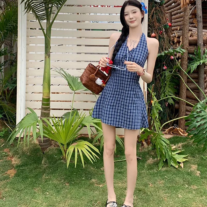 BVODE Sleeveless Dresses Women's Blue Plaid Shopping Bag-3