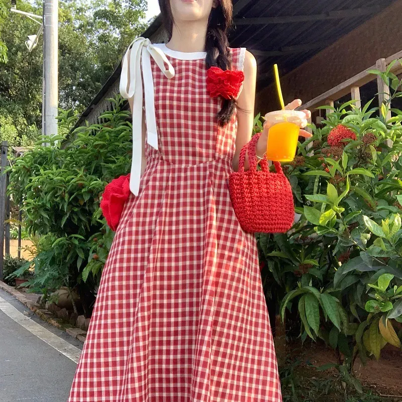 BVODE Sleeveless Dresses Women's Red Plaid Dress Shopping Bag-4