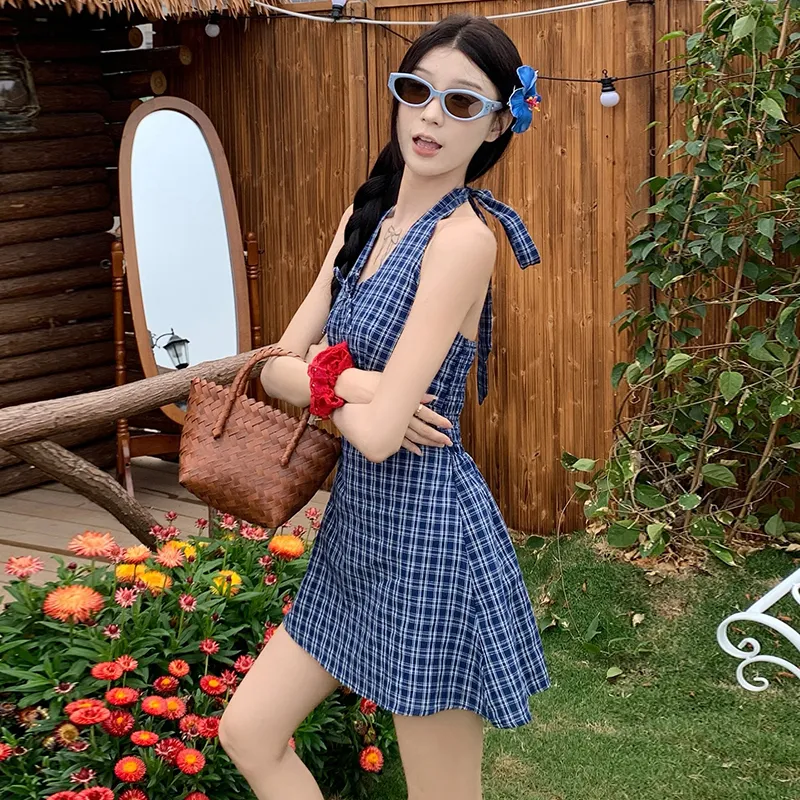 BVODE Sleeveless Dresses Women's Blue Plaid Shopping Bag-6