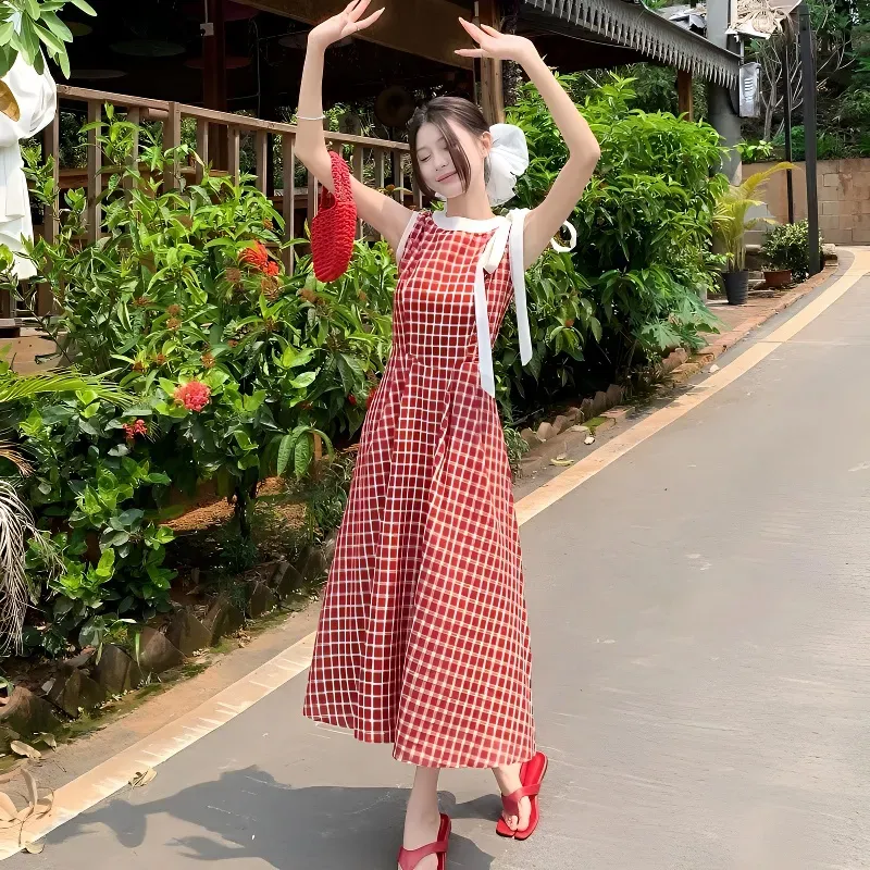 BVODE Sleeveless Dresses Women's Red Plaid Dress Shopping Bag-5