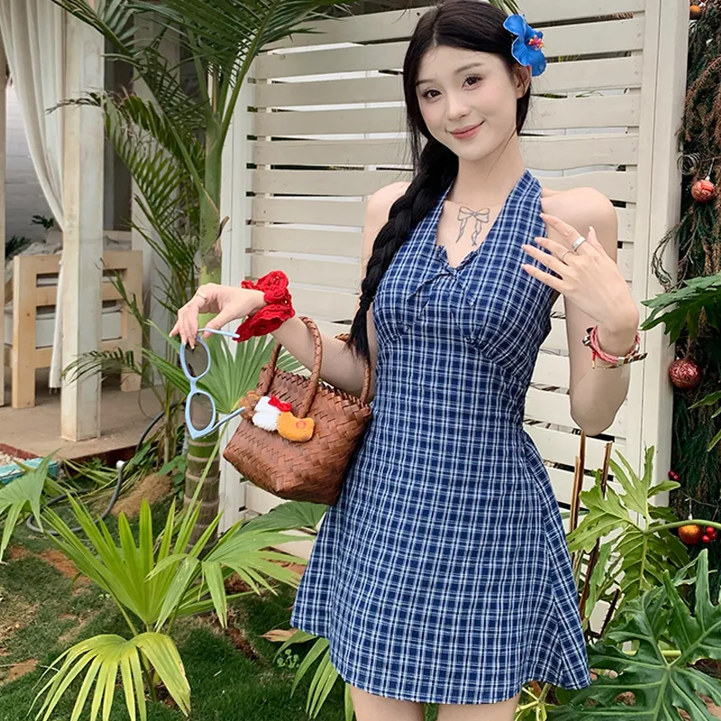 BVODE Sleeveless Dresses Women's Blue Plaid Shopping Bag-2