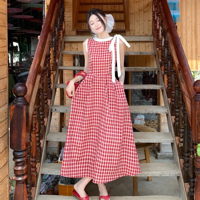 BVODE Sleeveless Dresses Women's Red Plaid Dress Shopping Bag-2