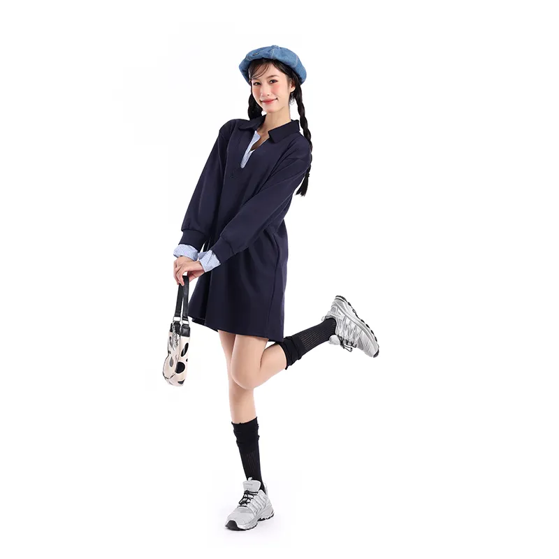 ZVJH Long Sleeved Dress Women's Navy Blue-3