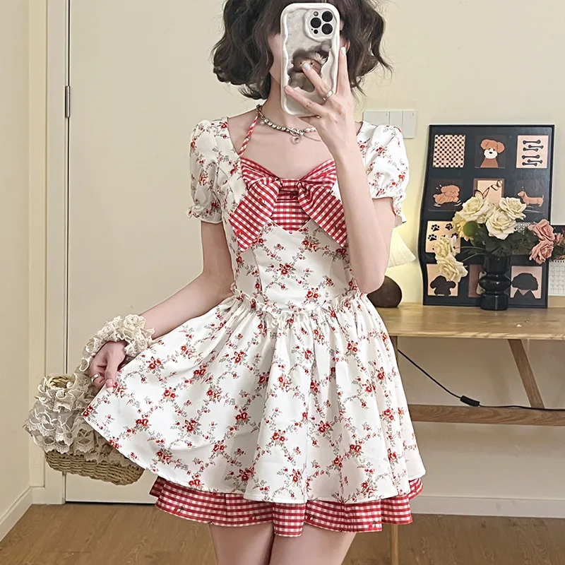ZVJH Short Sleeved Dress Women's Red White-8