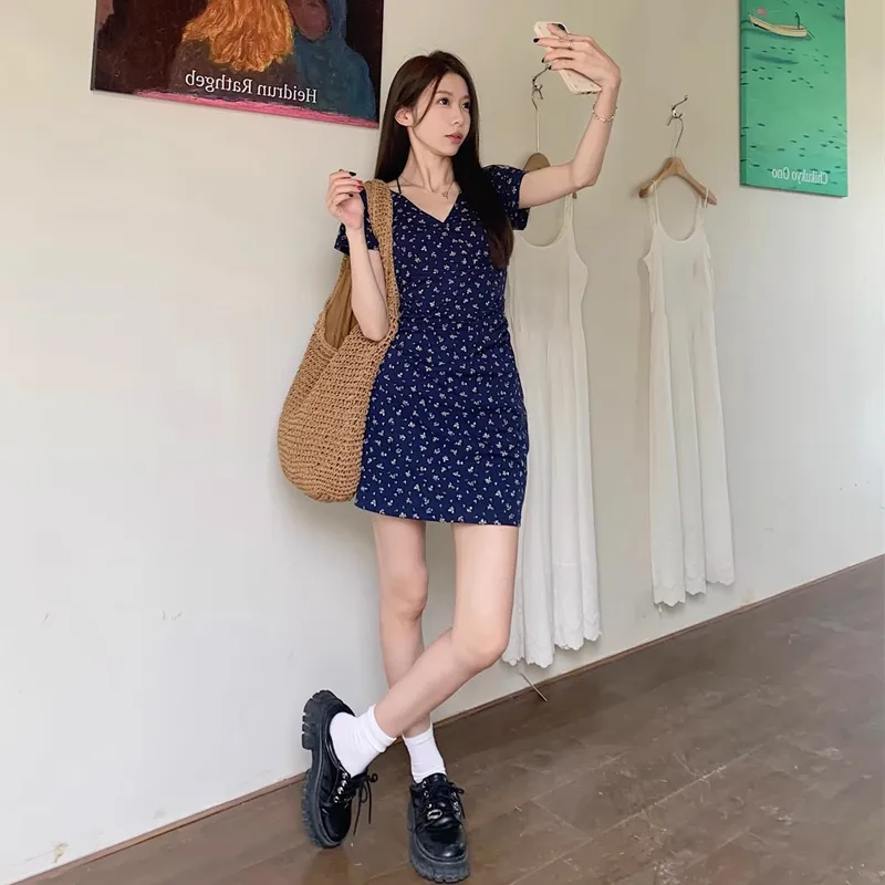 ZVJH Short Sleeved Dress Women's Navy Blue-4