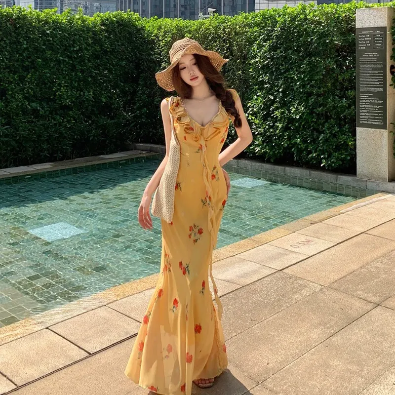 ZVJH Slip Dresses Women's Floral Fishtail Dress Shopping Bag-2