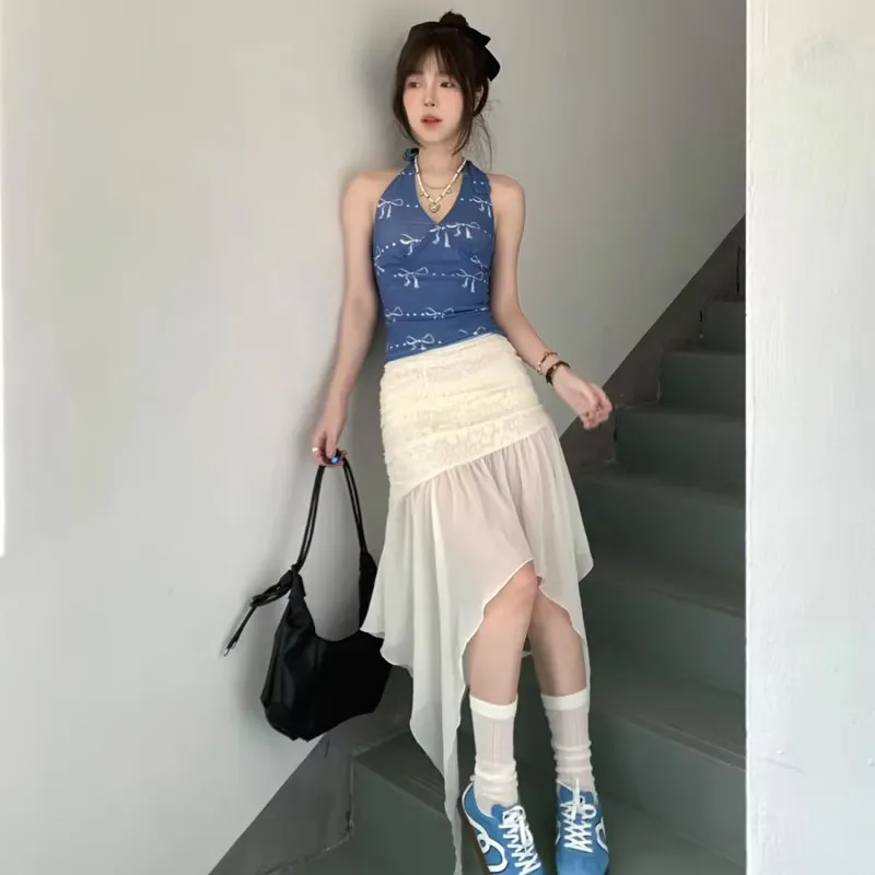 ZVJH Skirt Set Women's Blue Top/White Skirt-2