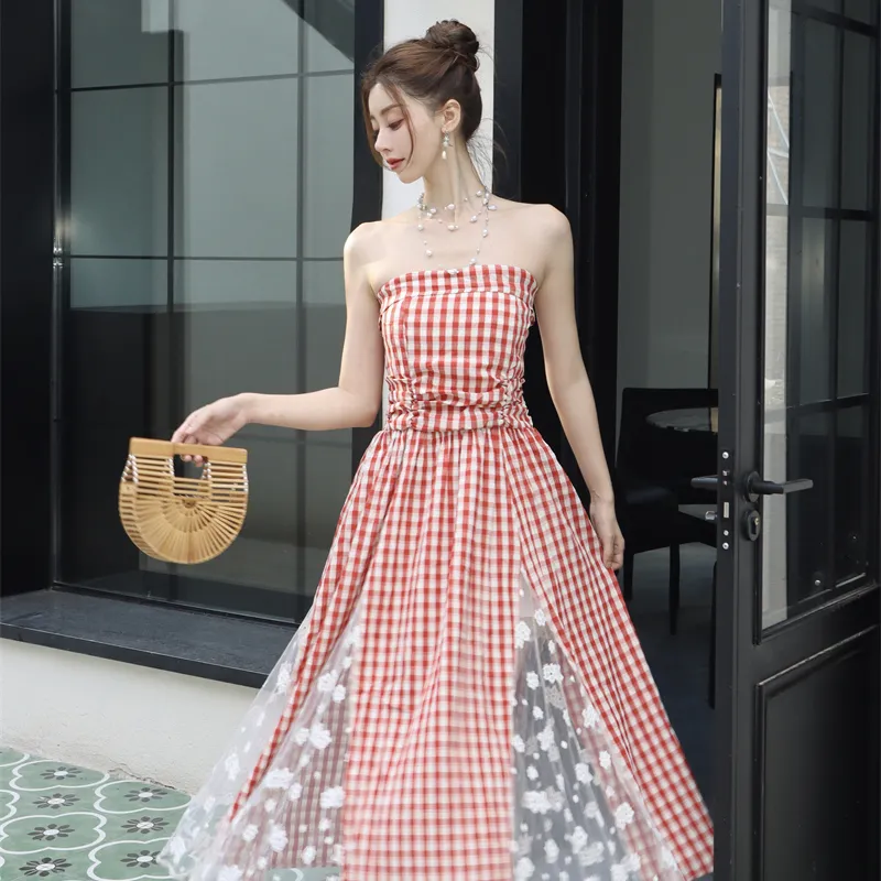 ZVJH Slip Dress Women's Red White Plaid-4