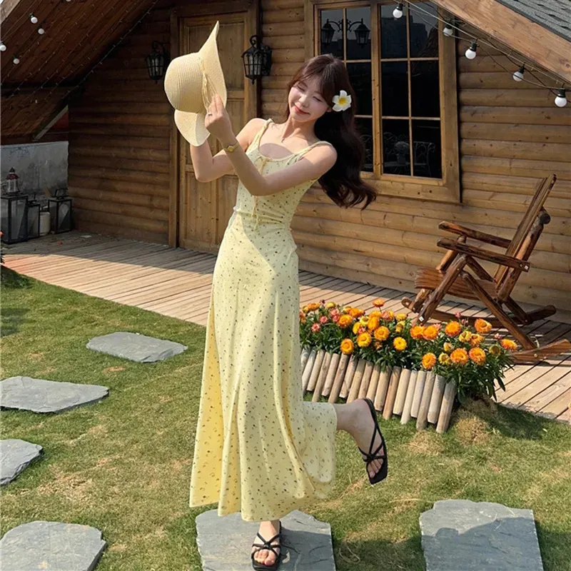 ZVJH Slip Dresses Women's Yellow Floral Dress Shopping Bag-4