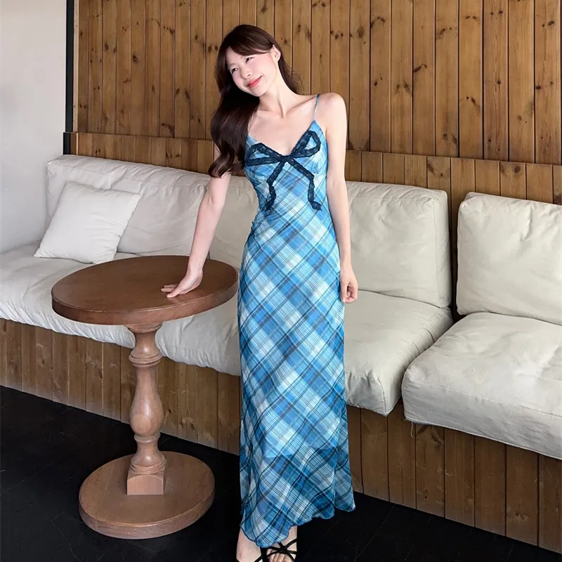 ZVJH Slip Dresses Women's Blue Plaid Camisole Long Skirt Shopping Bag-5
