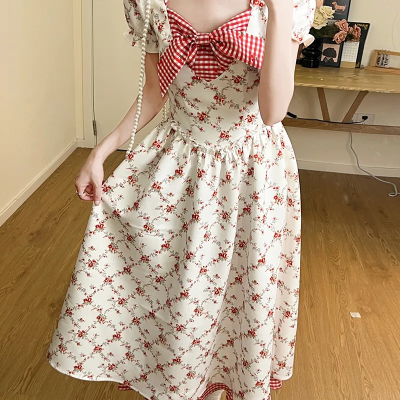ZVJH Short Sleeved Dress Women's Red White-16