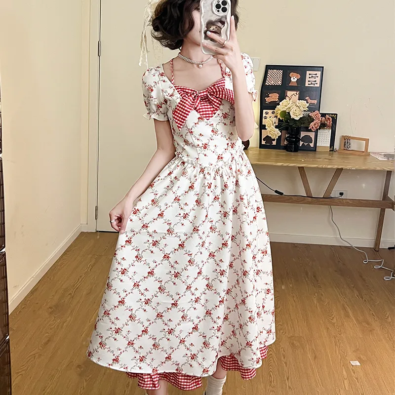 ZVJH Short Sleeved Dress Women's Red White-15