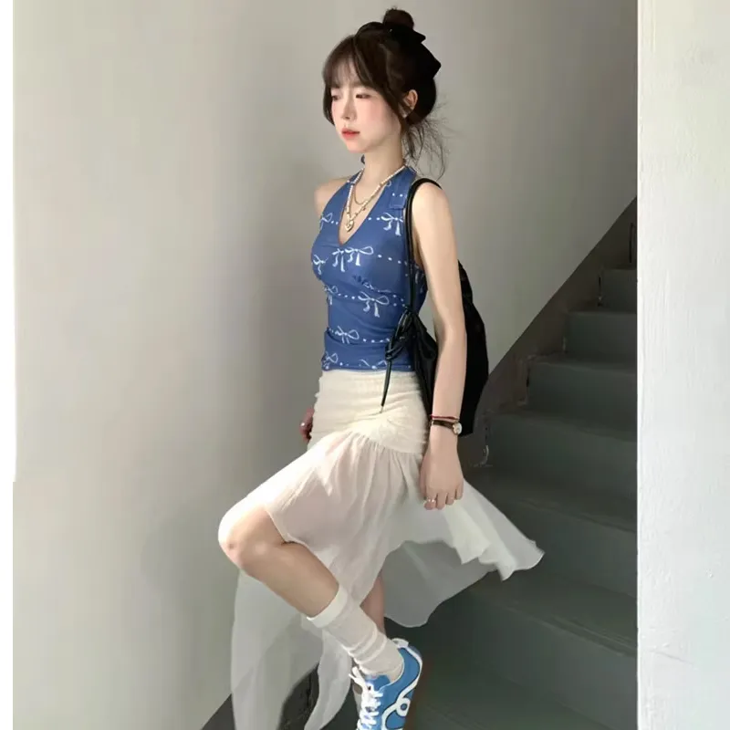 ZVJH Skirt Set Women's Blue Top/White Skirt-5