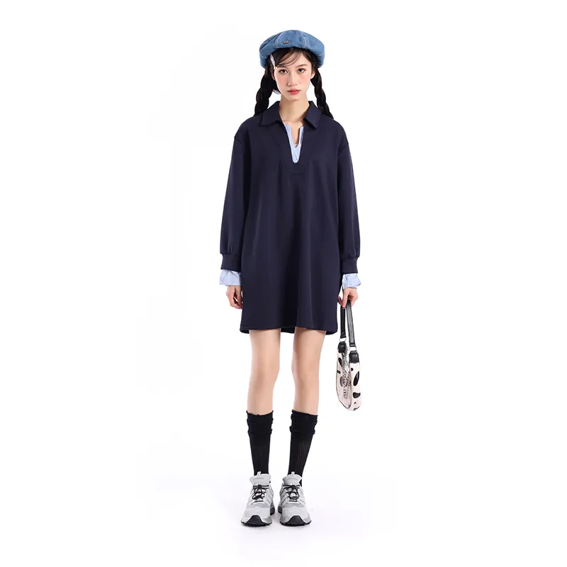 ZVJH Long Sleeved Dress Women's Navy Blue-2