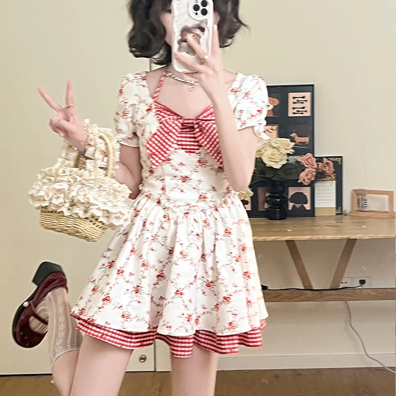 ZVJH Short Sleeved Dress Women's Red White-10
