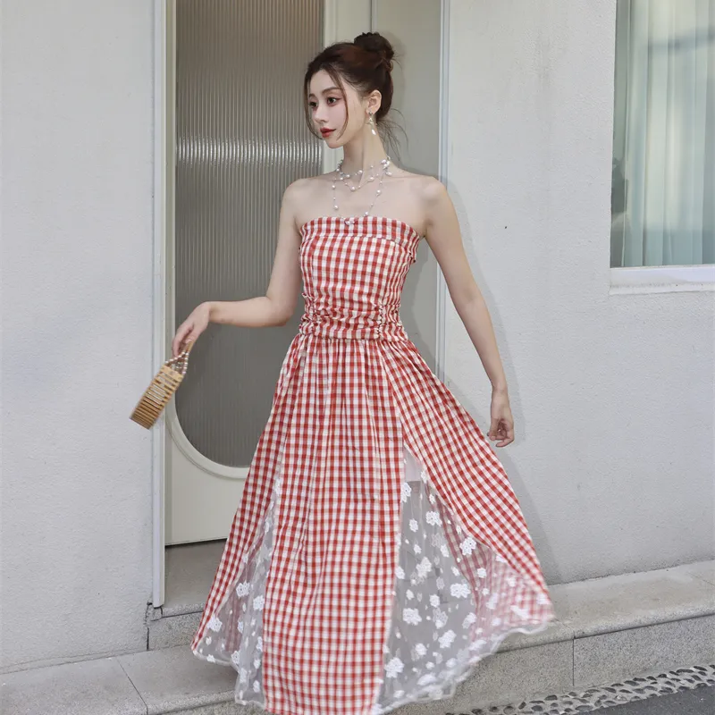 ZVJH Slip Dress Women's Red White Plaid-3