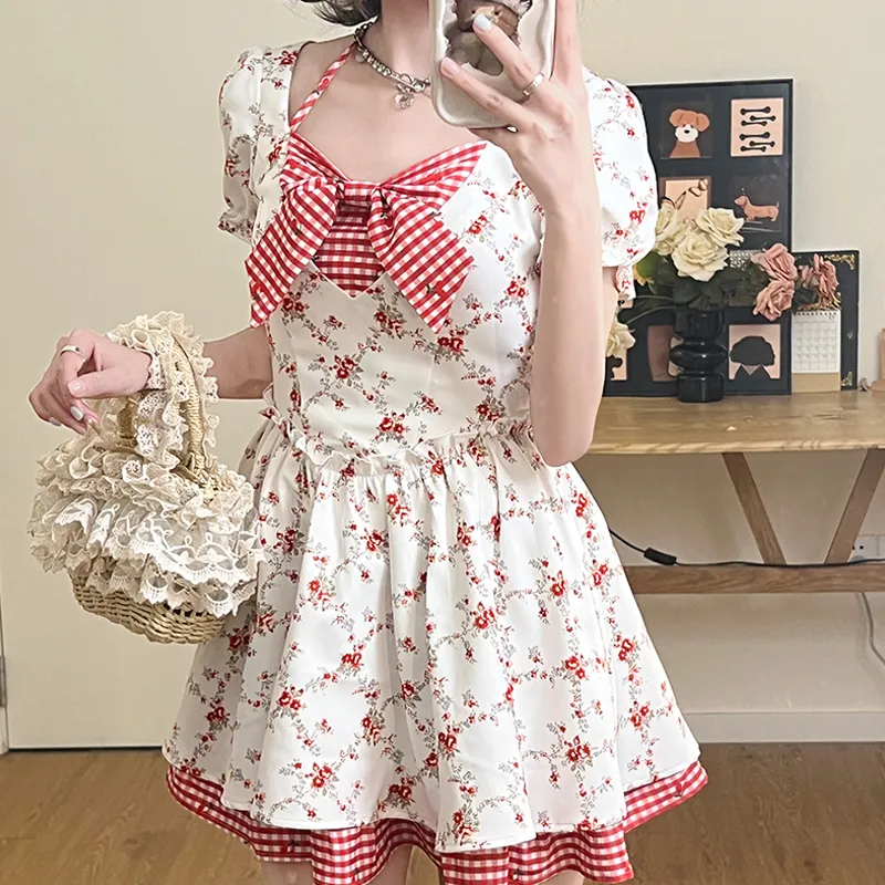 ZVJH Short Sleeved Dress Women's Red White-11
