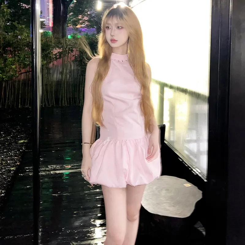 ZVJH Sleeveless Dress Women's Pink Comes With Belt-2