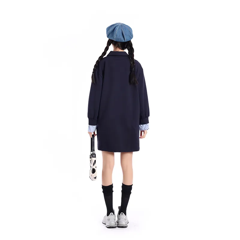 ZVJH Long Sleeved Dress Women's Navy Blue-4