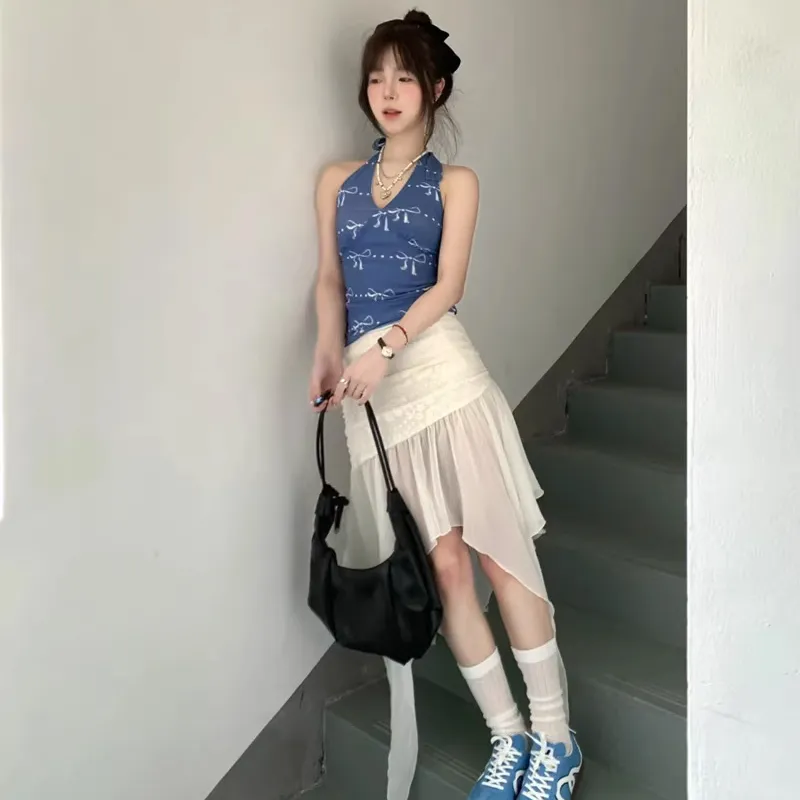 ZVJH Skirt Set Women's Blue Top/White Skirt-3