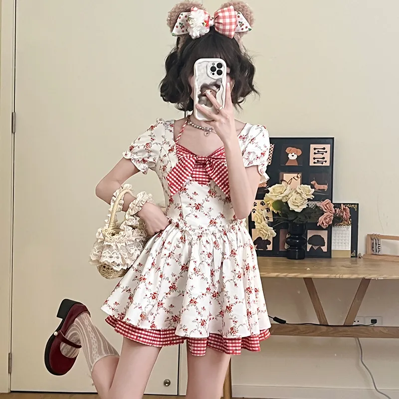ZVJH Short Sleeved Dress Women's Red White-9